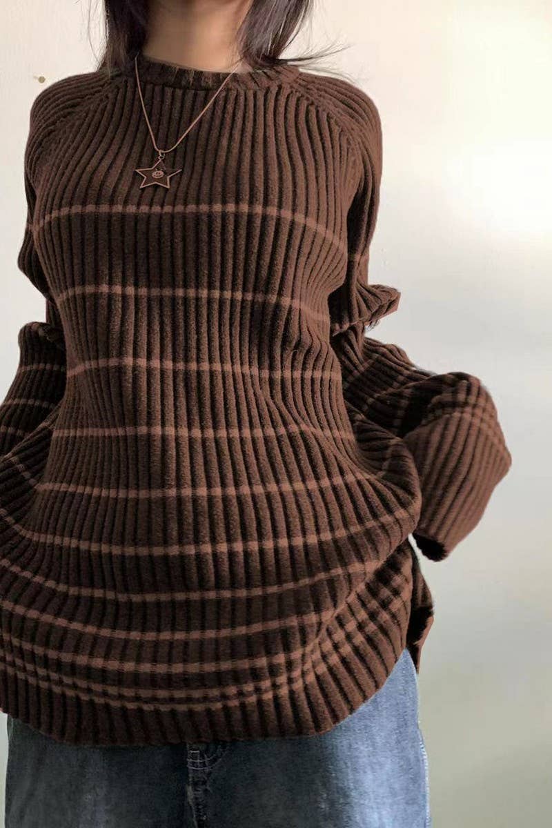 CWOSWL5745_STRIPED LONG-SLEEVED LOOSE CASUAL KNITTED SWEATER