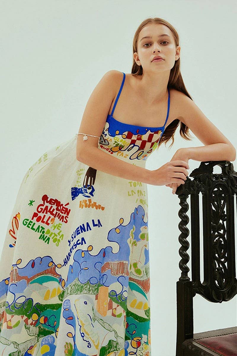 CWDMD5149_BACKLESS COTTON LINEN GRAFFITI MAXI DRESS