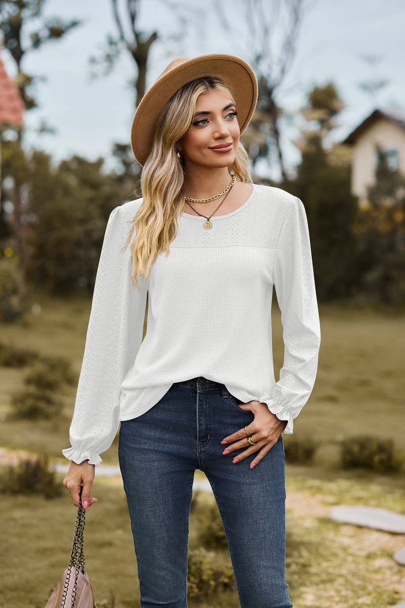 CWTBLL2417_SPLICED ROUND NECK LOOSE LONG SLEEVE T-SHIRT TOP