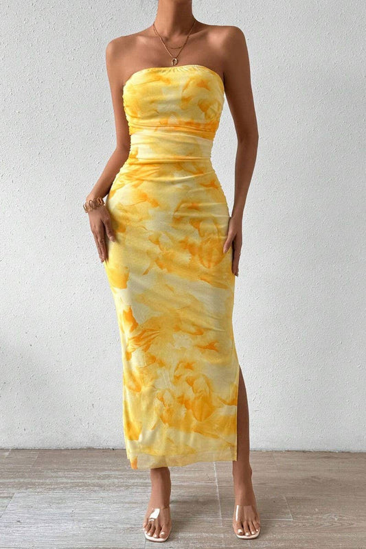 CWDTD0477_SEXY STRAPLESS HIGH WAIST SLIT BODYCON DRESS