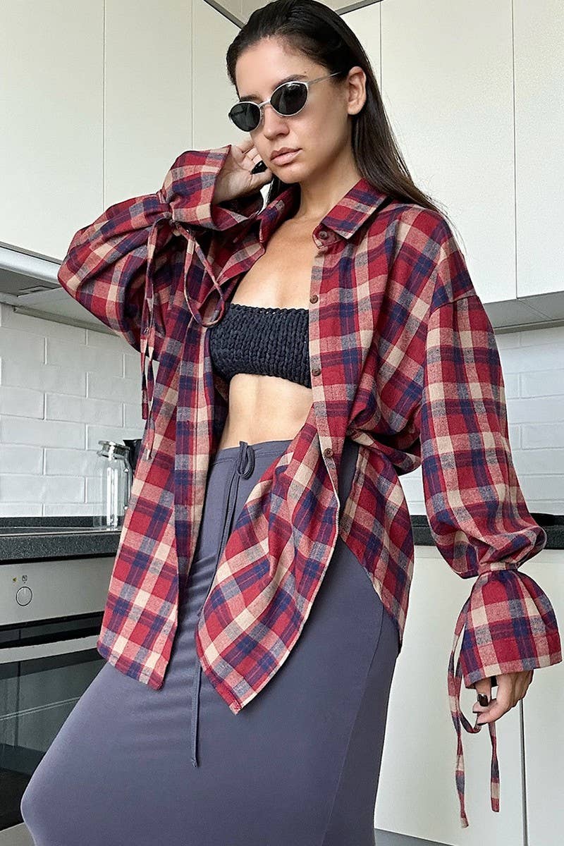 CWTBLL00579_LOOSE RETRO LACE-UP PLAID LONG-SLEEVED SHIRT