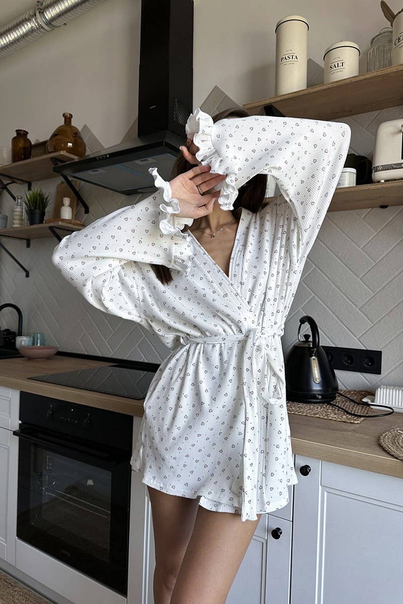 CWSPJ0396_HEART PRINT CARDIGAN LACE-UP NIGHTGOWN