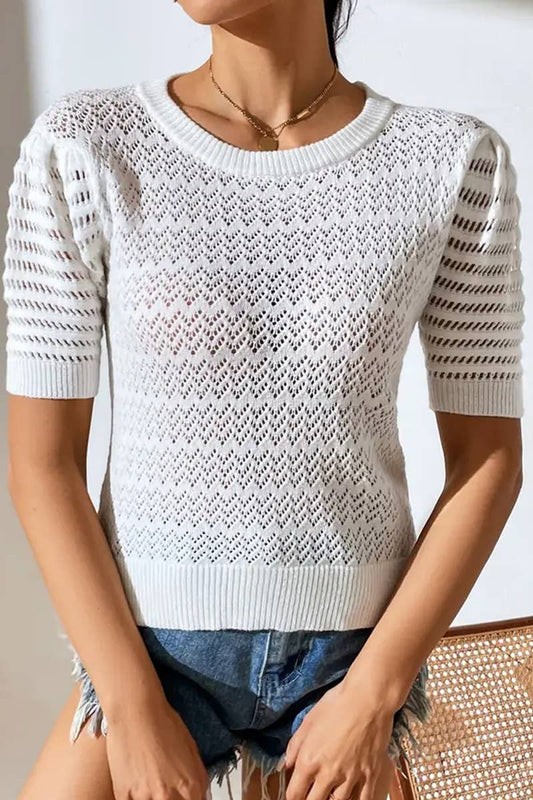CWTBLS1766_SPRING AND SUMMER HOLLOW SOLID COLOR PULLOVER TOP