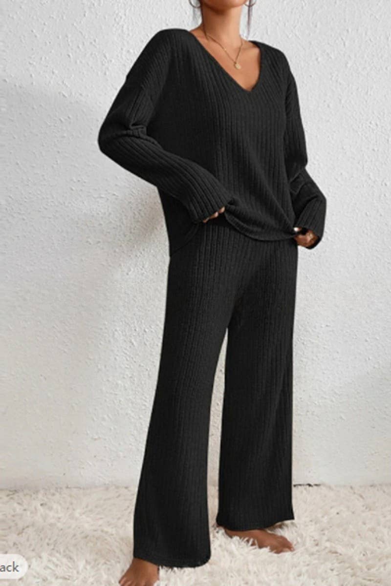 CWSTB1320_V-NECK CASUAL RIBBED BRUSHED LONG-SLEEVED SUIT