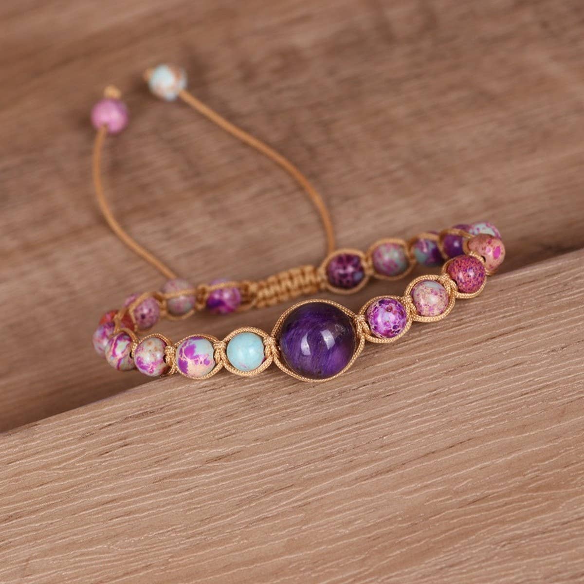 PURPLE TIGER STONE TURQUOISE BEAD BRAIDED BRACELET_CWAJE3952