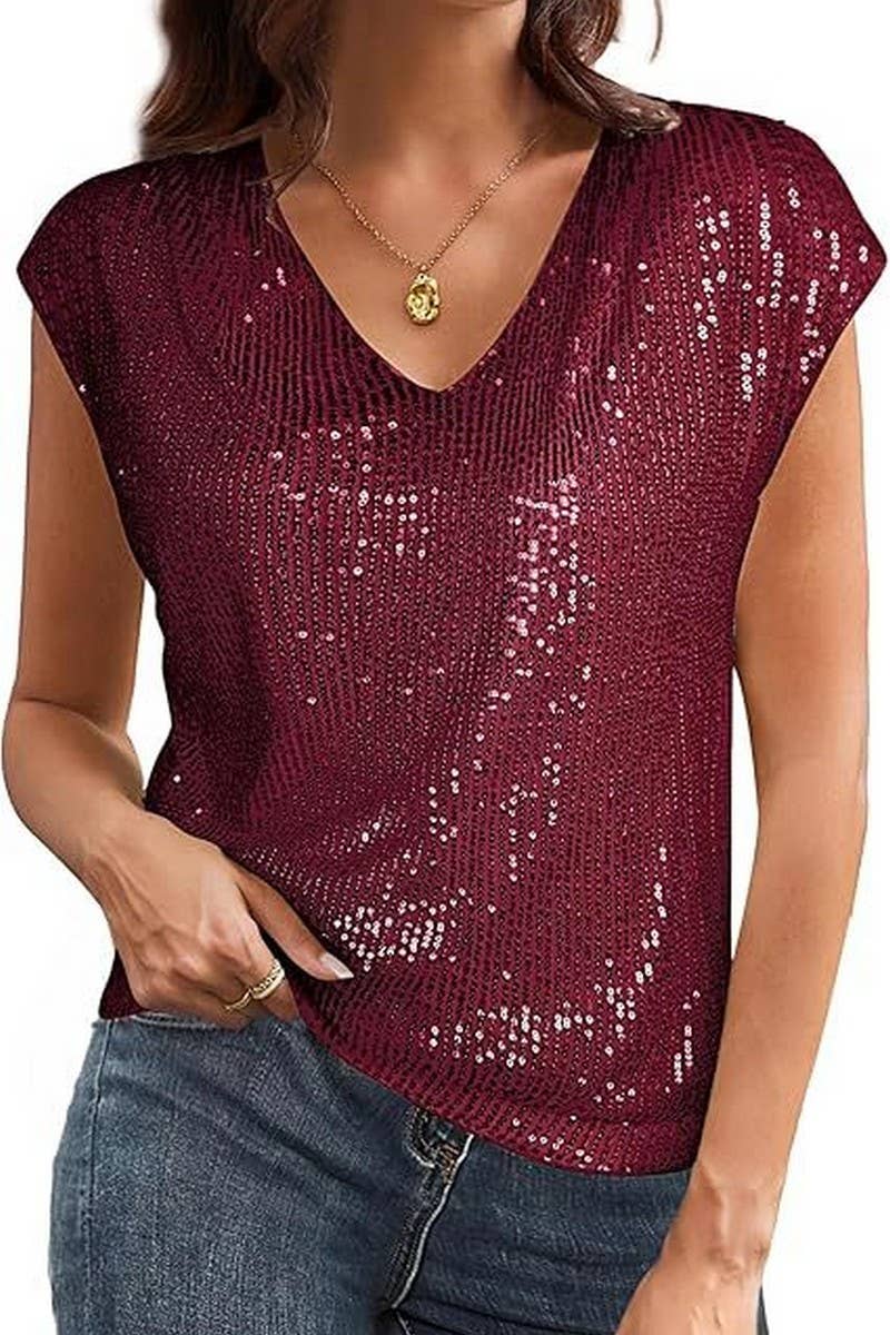 CWTTS1387_RAGLAN SLEEVE SEQUINED SLIM V-NECK SOLID COLOR TOP