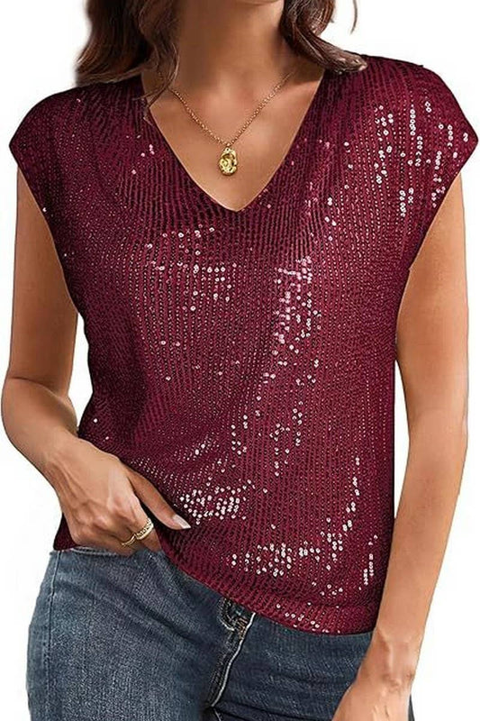 CWTTS1387_RAGLAN SLEEVE SEQUINED SLIM V-NECK SOLID COLOR TOP