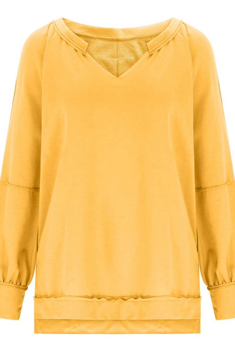 CWTBLL3940_LOOSE SOLID V-NECK ASYMMETRICAL LONG SLEEVE TEE
