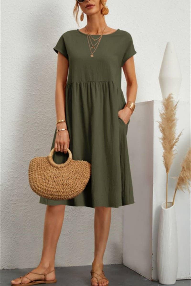 CWDSD7975_SUMMER TEMPERAMENT ROUND NECK A-LINE LOOSE DRESS