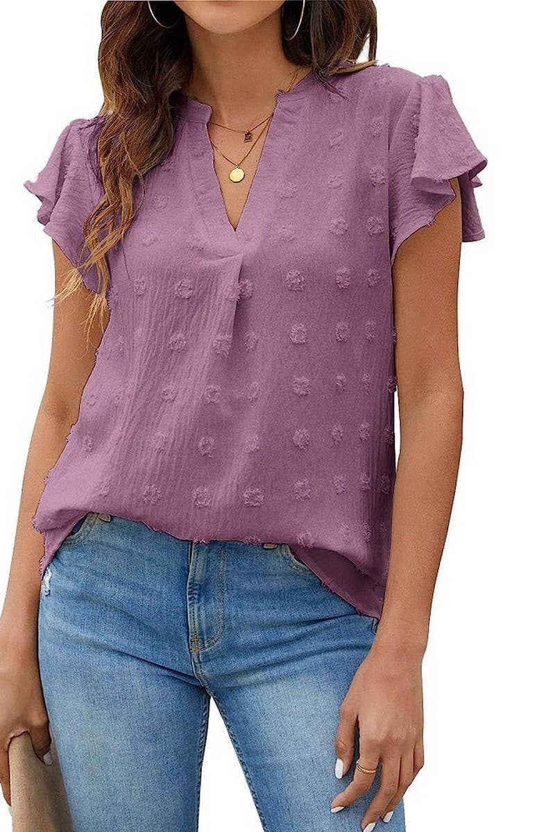 CWTBLS0606_V-NECK RUFFLED SLEEVE CHIFFON SHORT-SLEEVED TOP