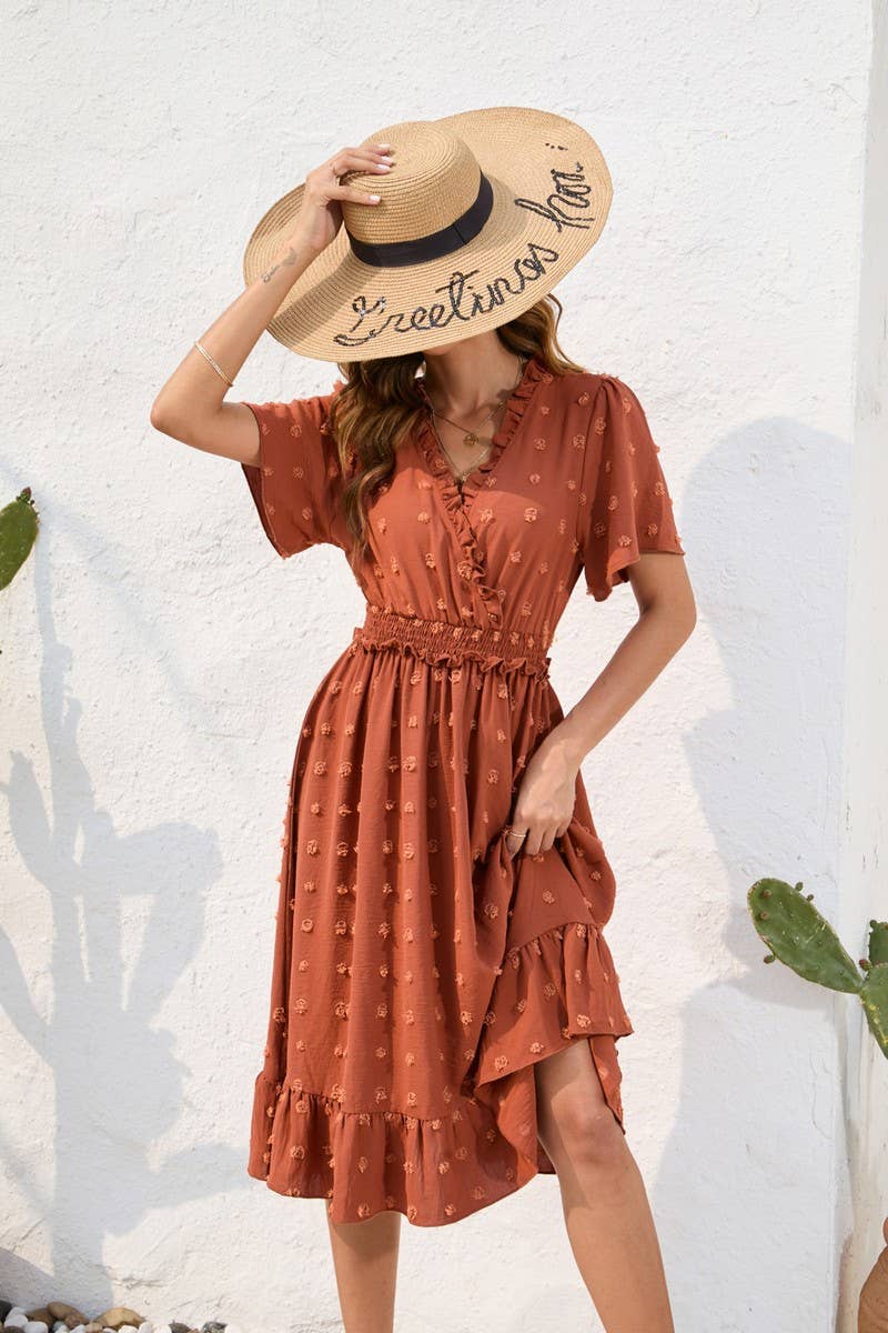 CWDMD2141_V-NECK HIGH-WAISTED LACE-UP DRESS