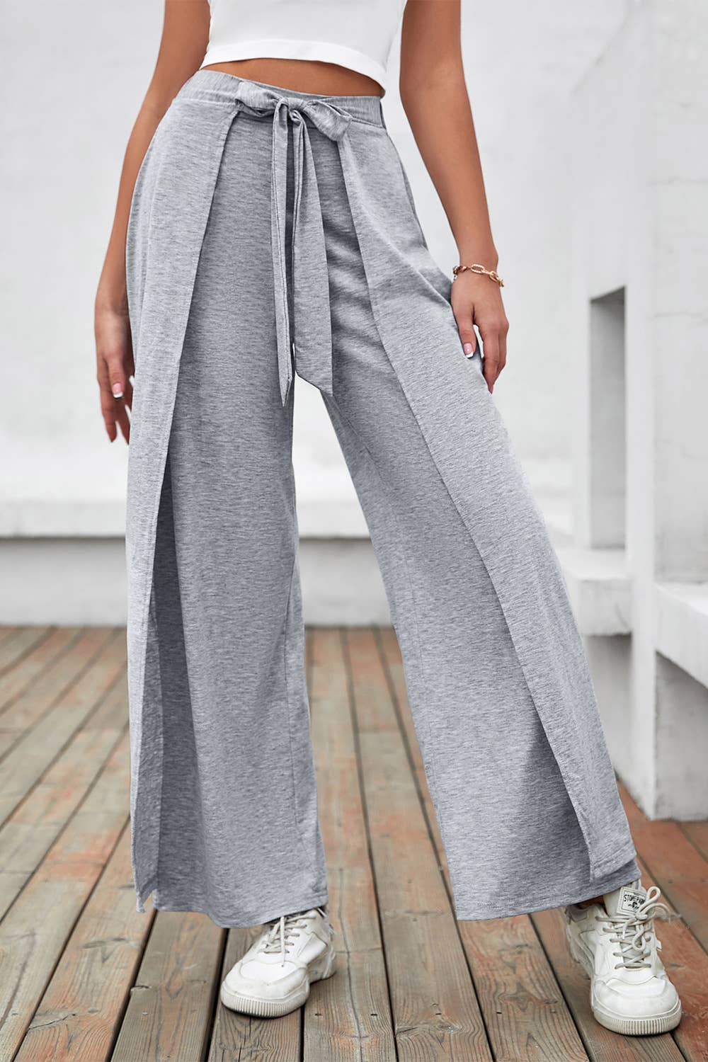 Classic solid-color cotton-like lace-up trousers