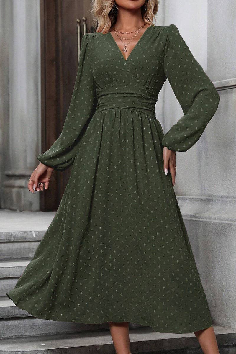 CWDMD3949_SLANTED NECK BALLOON SLEEVES PLEATED WAIST DRESS