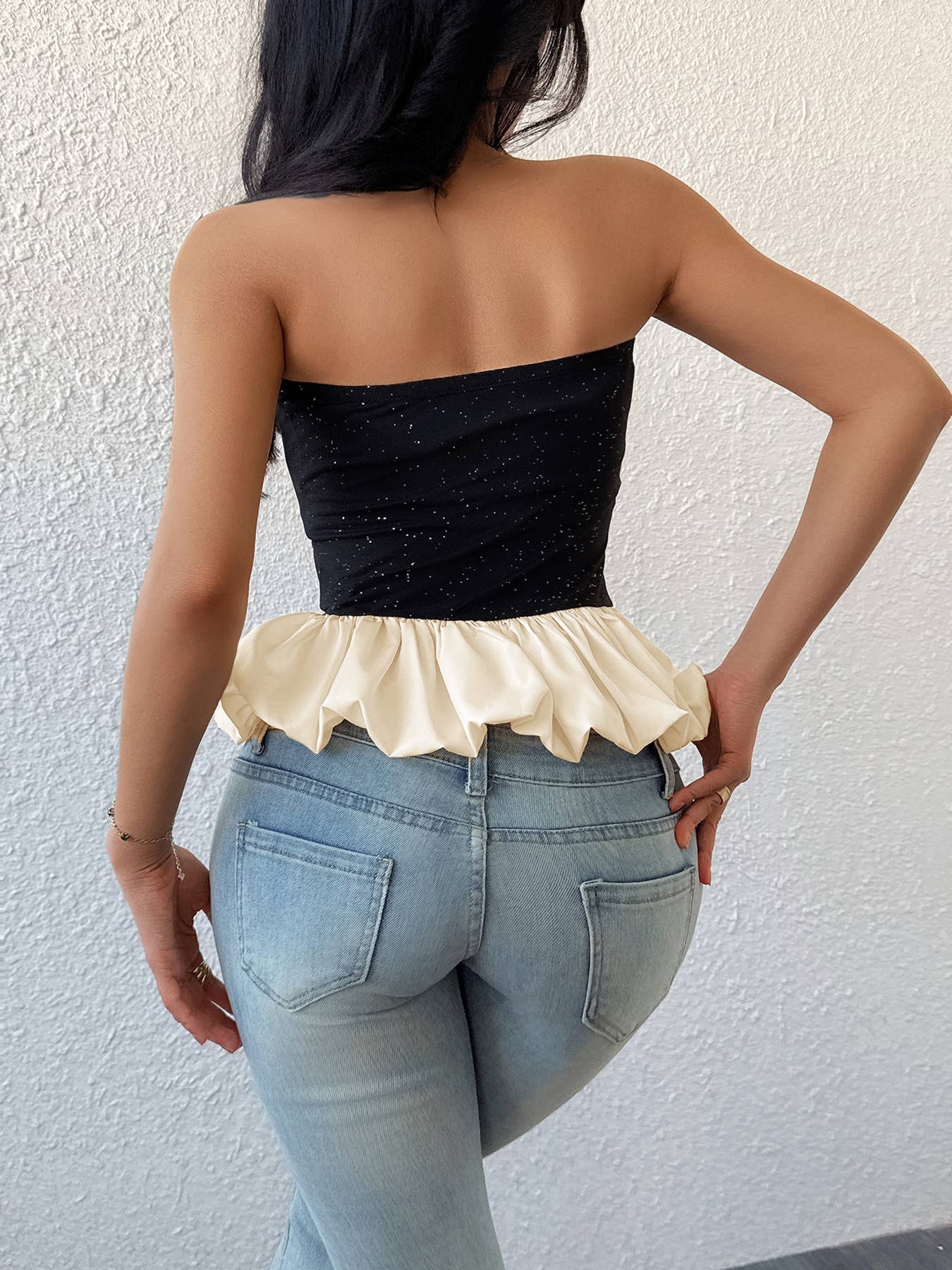Black and white contrasting strapless top