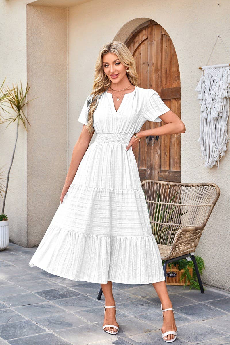 CWDMD6338_V-NECK PLEATED PUFF SLEEVES LONG-SLEEVED DRESS