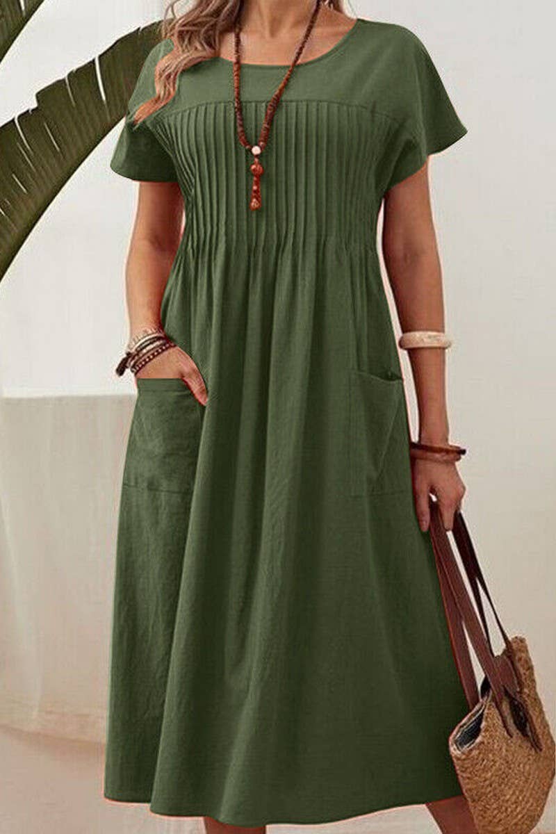CWDMD01001_SOLID COLOR ROUND NECK POCKET PLEATED DRESS