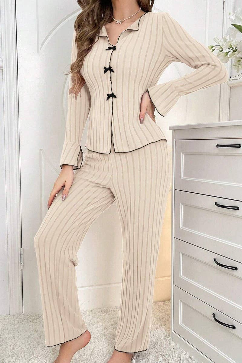 CWSPJ00491_BOW TIE COLLAR LONG SLEEVE TOP AND PANTS SET