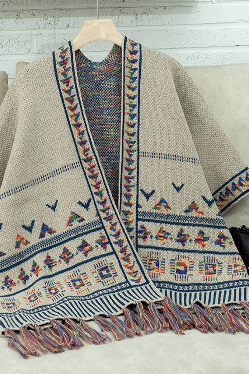 CWOSWS0090_LOOSE KNITTED TASSEL JACQUARD CAPE SHAWL