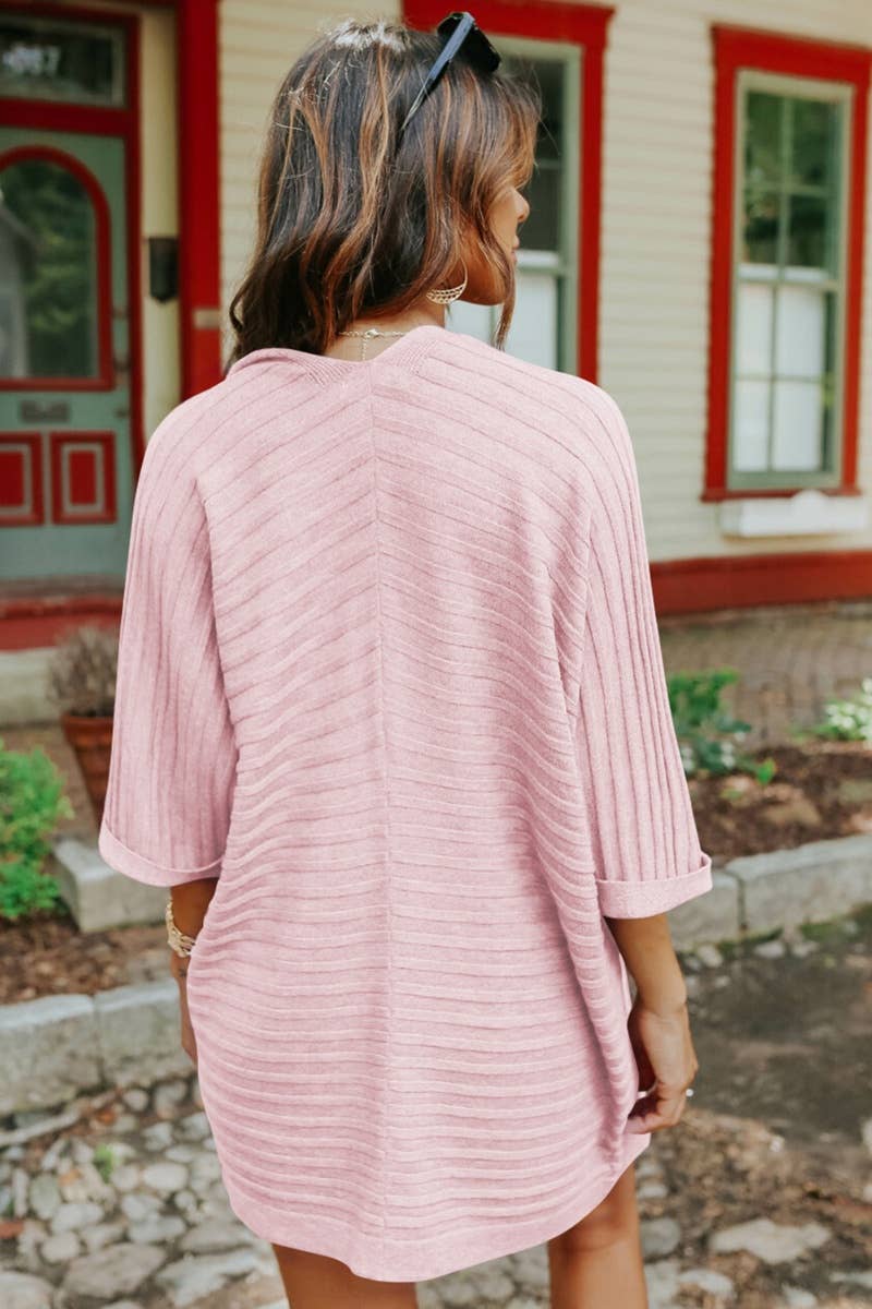 CWOCAS0043_KNIT SOLID COLOR MID-SLEEVE SMOCK CARDIGAN