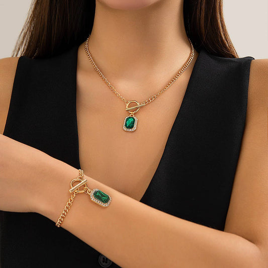 SIMPLE GREEN GEMSTONE NECKLACE BRACELET SET_CWAJE1168