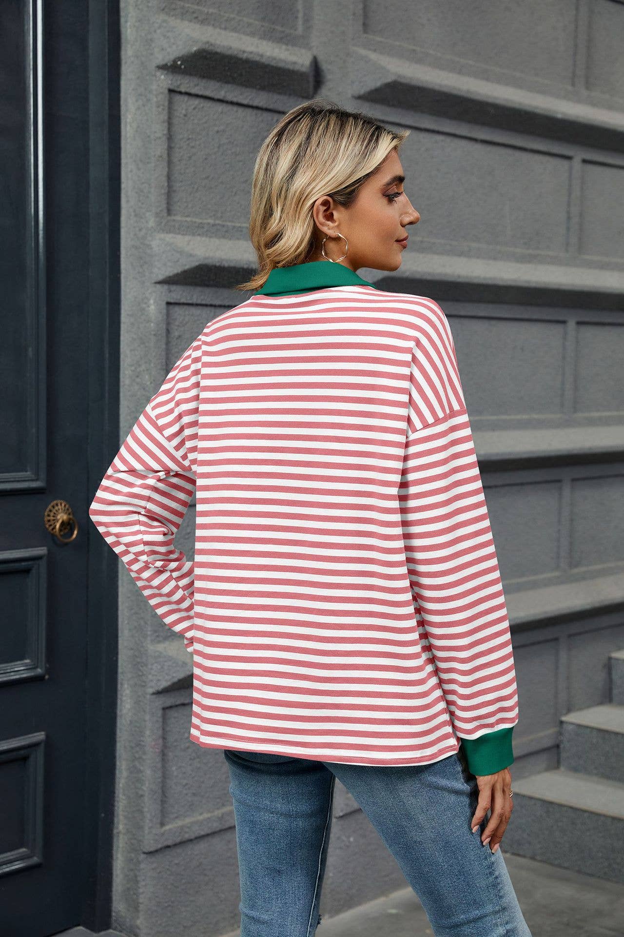 Color-blocking lapel long-sleeved striped hoodie