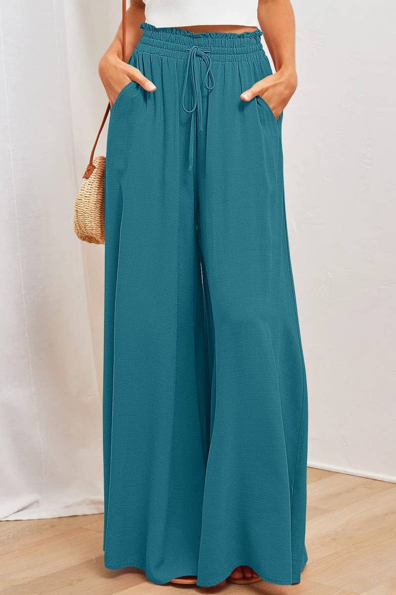 CWBLP0705_SOLID COLOR ELASTIC WAIST TIE WIDE LEG PANTS