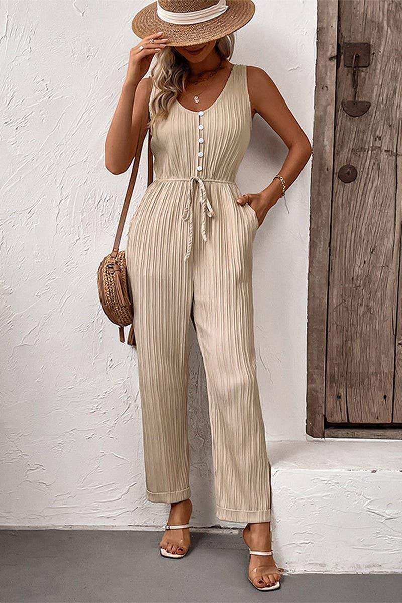 CWSBSSL0091_NEW STYLE PLEATED SOLID COLOR SUSPENDER JUMPSUIT