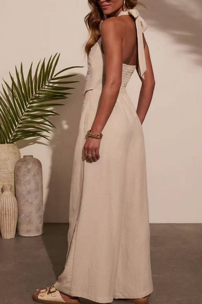 CWSJS1702_SOLID LINEN SLEEVELESS VEST WIDE LEG JUMPSUIT