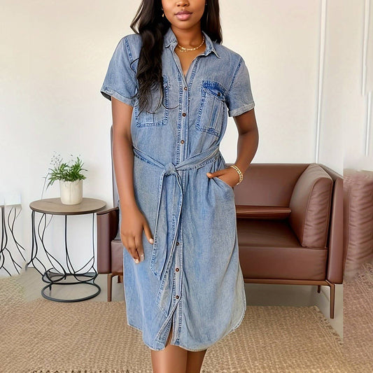 CASUAL LOOSE LACE-UP DENIM SHIRT DRESS