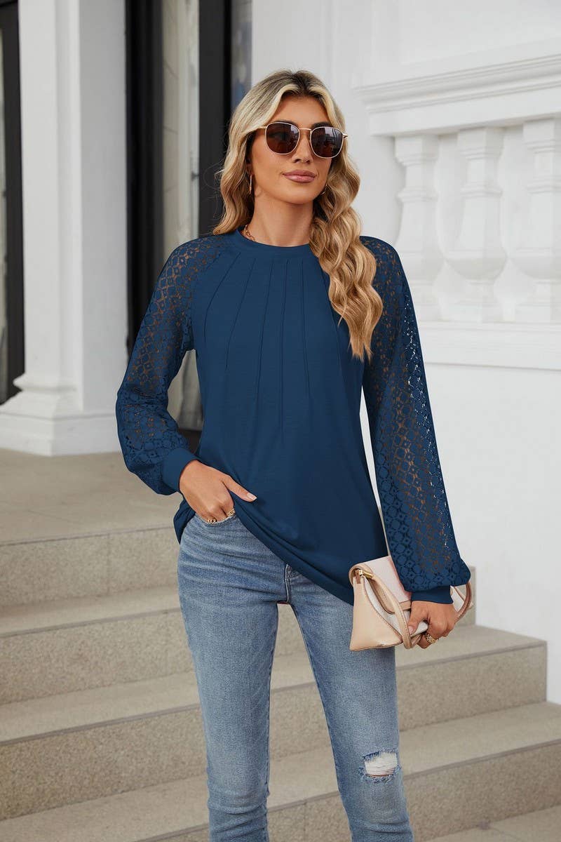 CWTBLL2349_AUTUMN AND WINTER ROUND NECK LACE CASUAL T-SHIRT