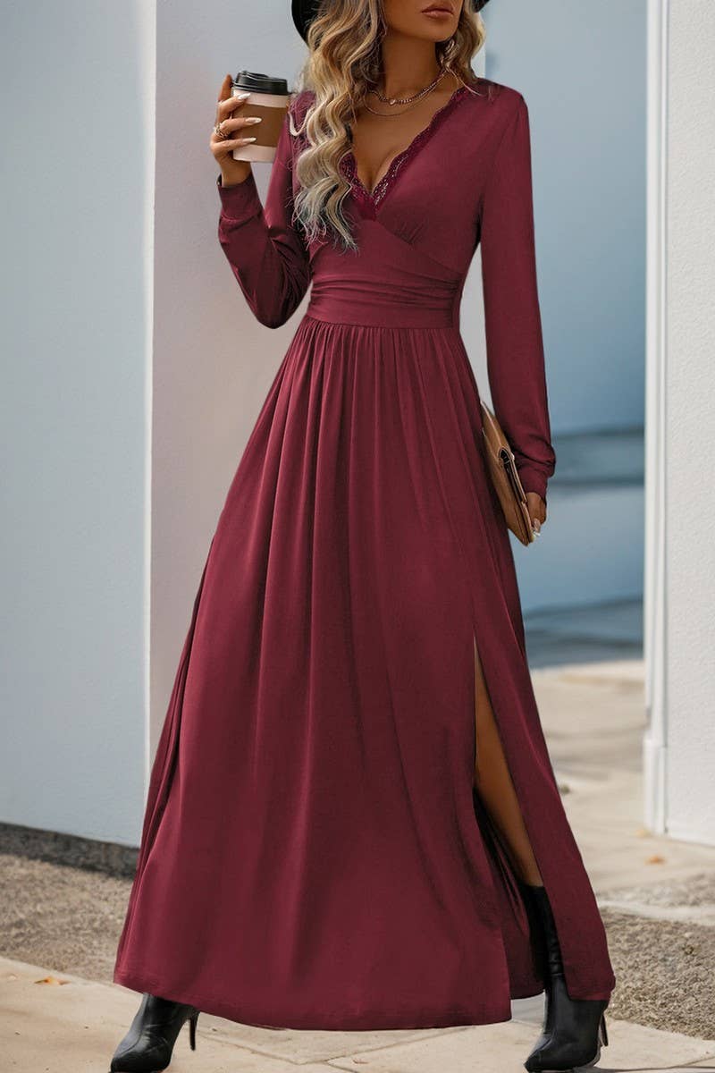 CWDMD3564_V-NECK SOLID COLOR SLIT SLIM MAXI DRESS