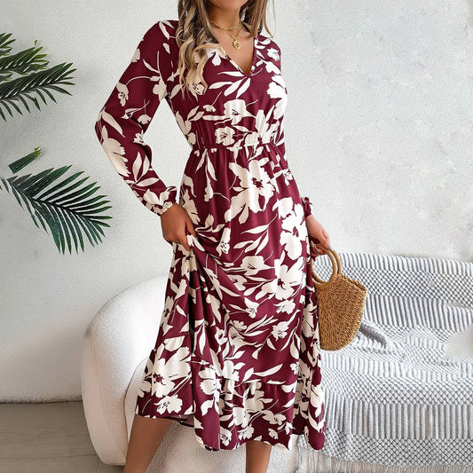 FLORAL LONG SLEEVE PEPLUM DRESS WITH WAIST TUCKED