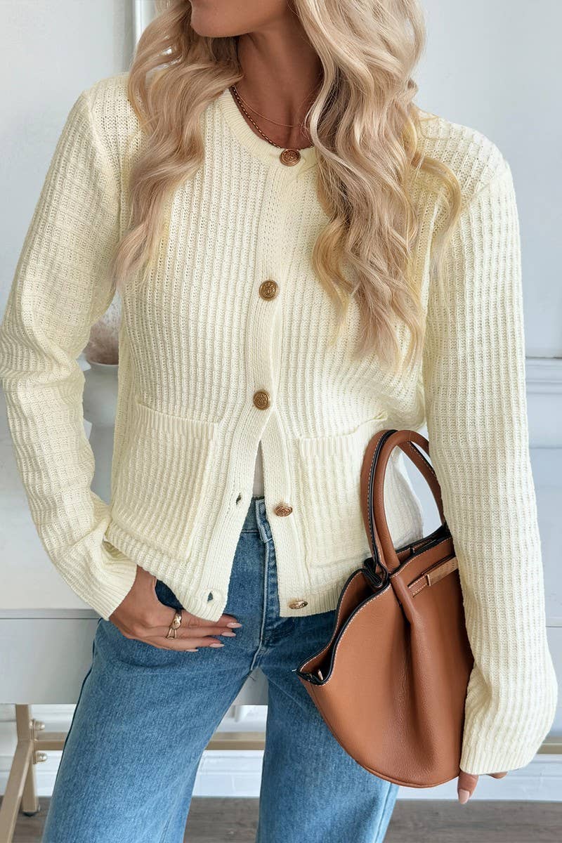 CWOCAL00582_SOLID COLOR METAL BUTTON CARDIGAN SWEATER