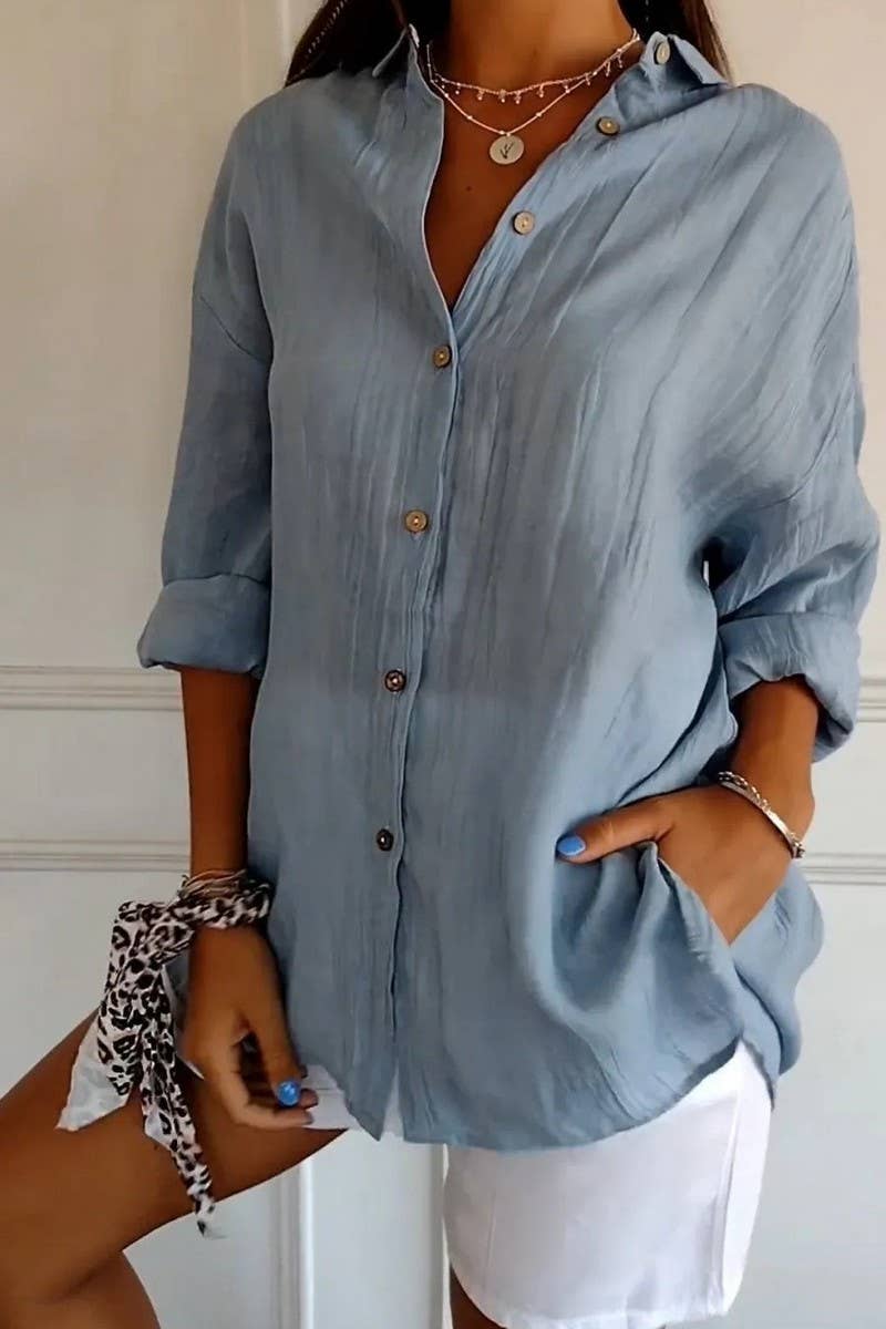 CWTSTL2281_SOLID COLOR SINGLE BREASTED PLEATED LAPEL SHIRT