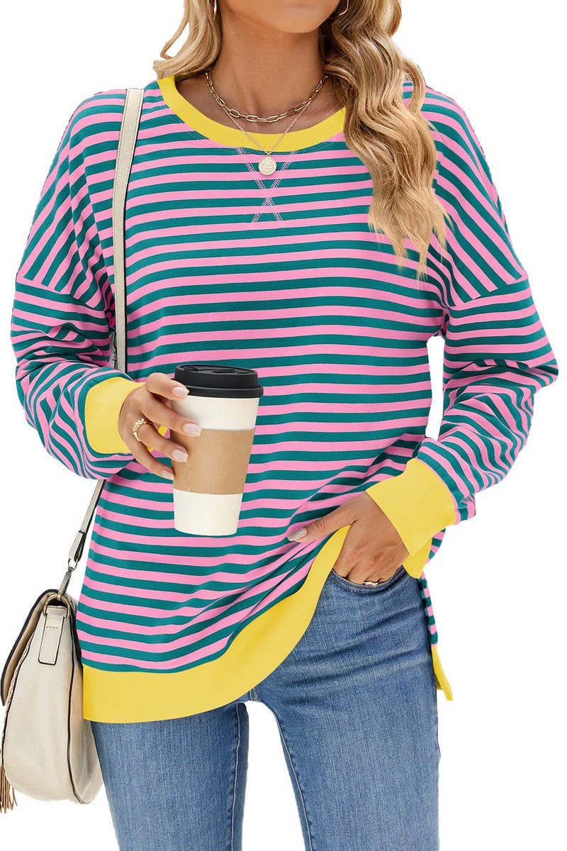 CWTBLL1198_CONTRAST COLOR ROUND NECK STRIPED SWEATSHIRT