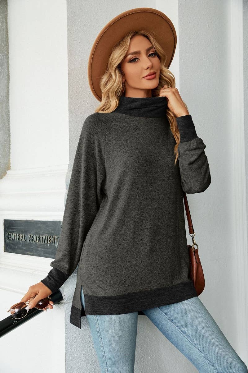 CWOSWL6537_HIGH-NECK CONTRASTING COLOR LONGSLEEVED SPLIT TOP