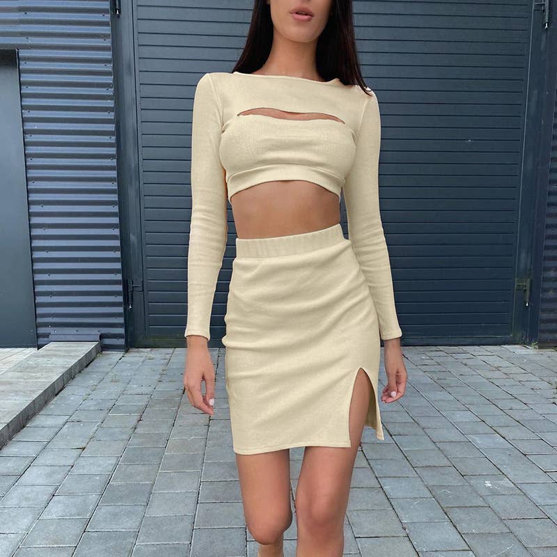 Cut-out top split skirt suit