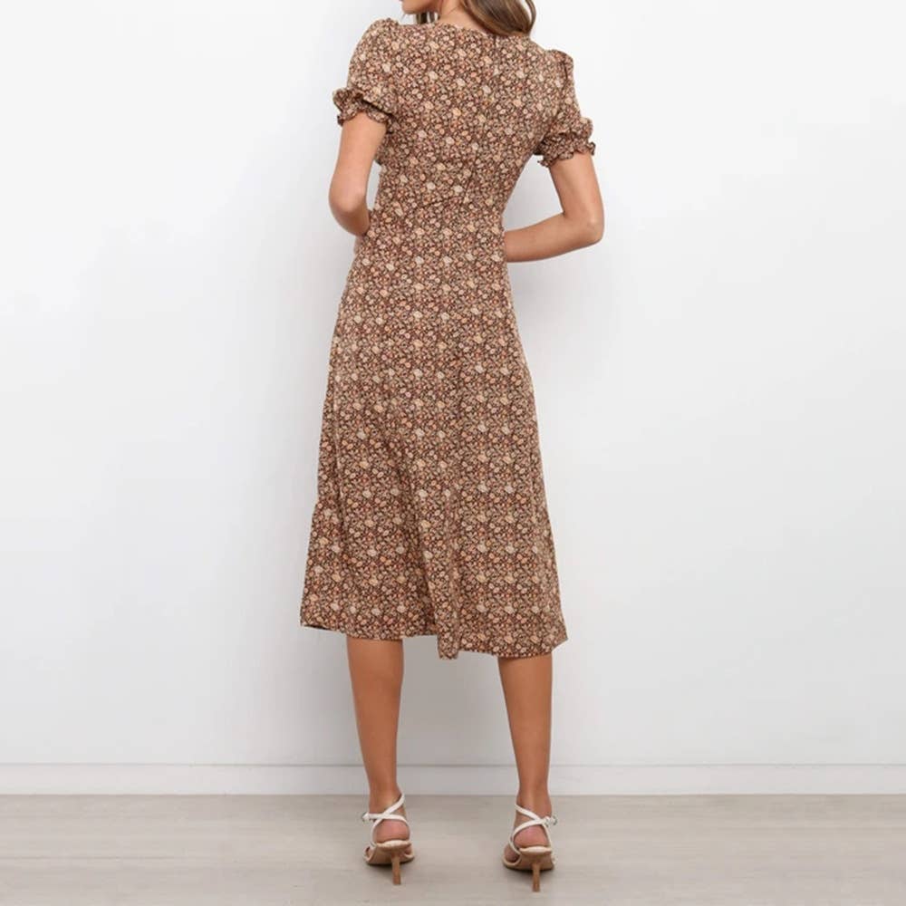 Deep V short sleeve waist slimming long dress