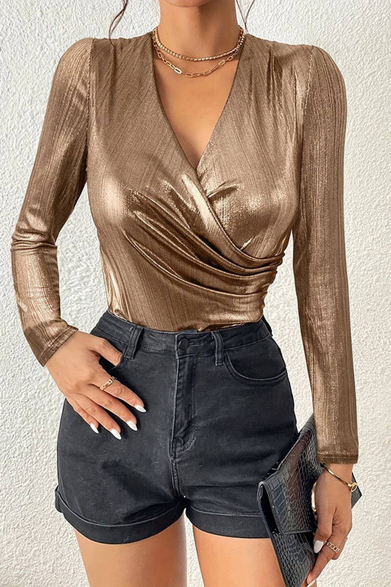 CWTTL2010_SUMMER GLOSSY V-NECK PLEATED TOP