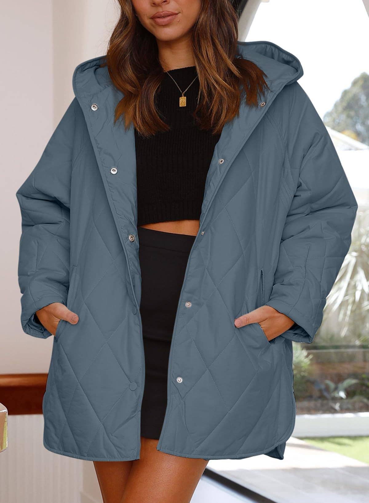 CASUAL QUILTED DIAMOND HOODED LIGHT JACKET