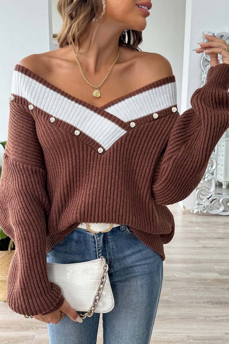 CWOSWL07387_WOMEN PEARL EMBELLISHED V NECK KNIT SWEATER