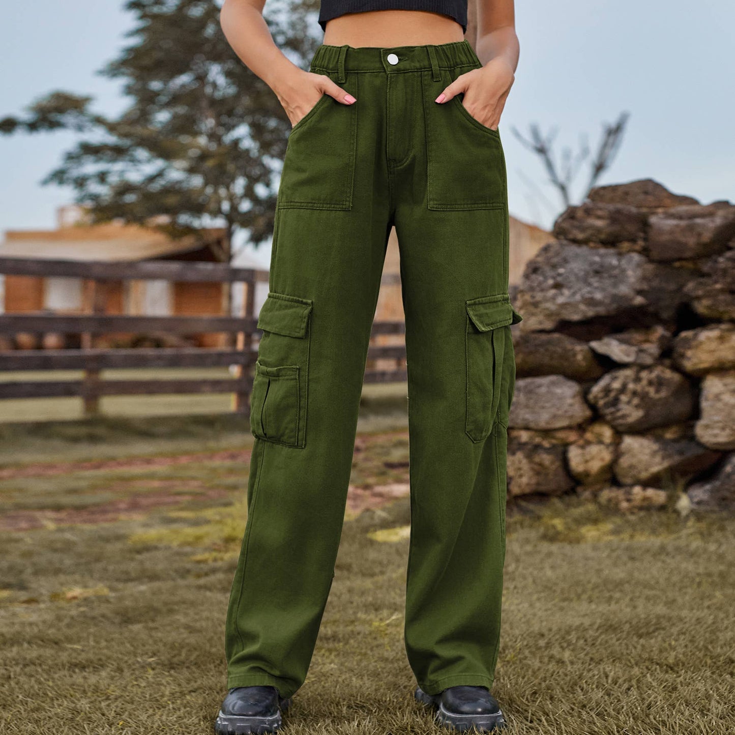 ELASTIC-WAISTED DENIM CASUAL CARGO PANTS