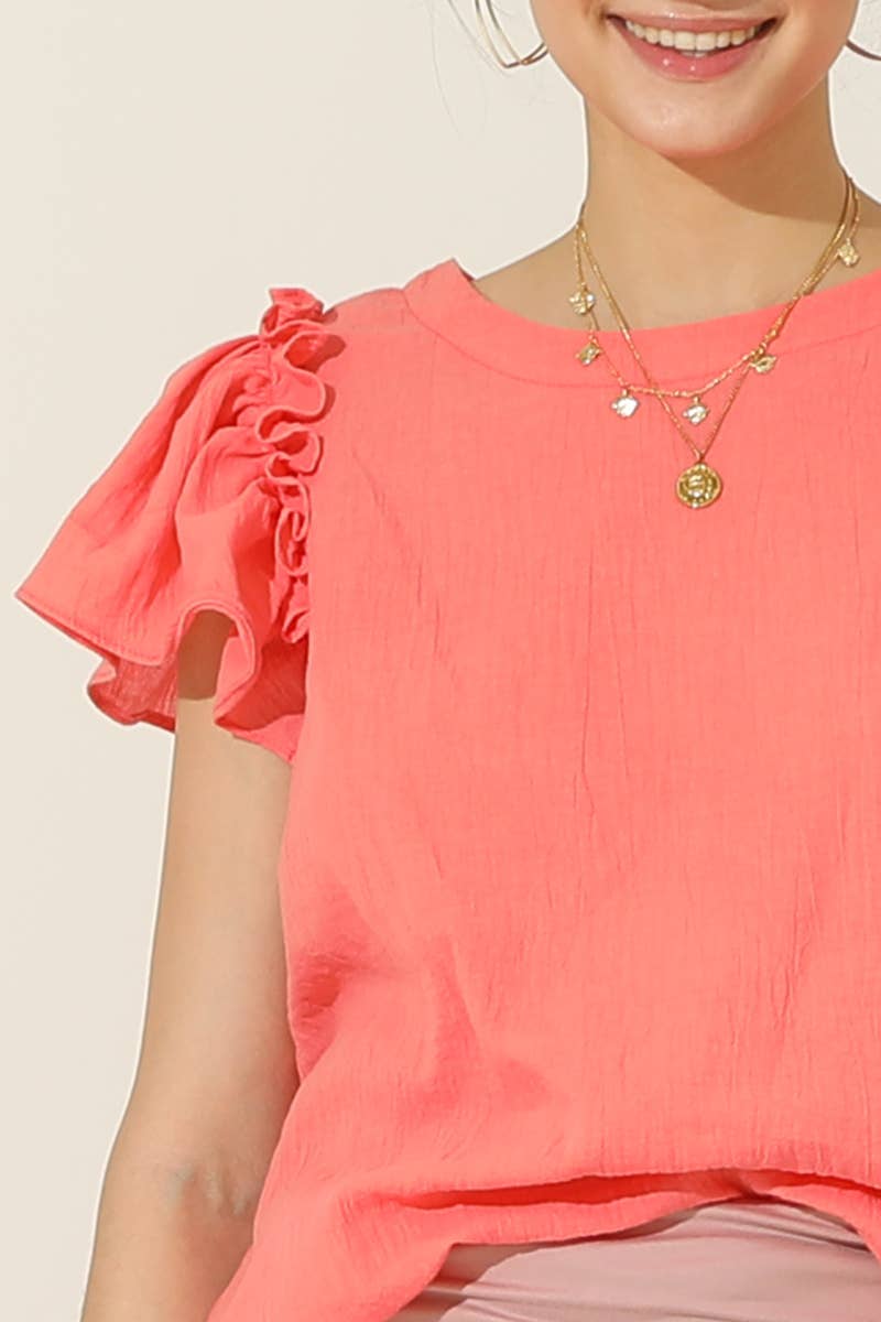 CWTBLS203_R NECK FRILL SHORT SLEEVE BLOUSE TOP