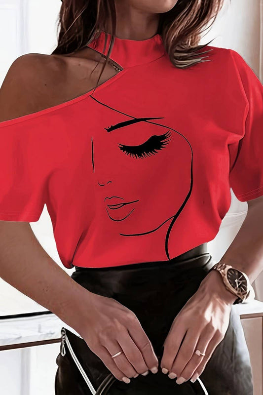 CWTBLS2182_ABSTRACT FACE PRINT COLD SHOULDER MOCK NECK TEE