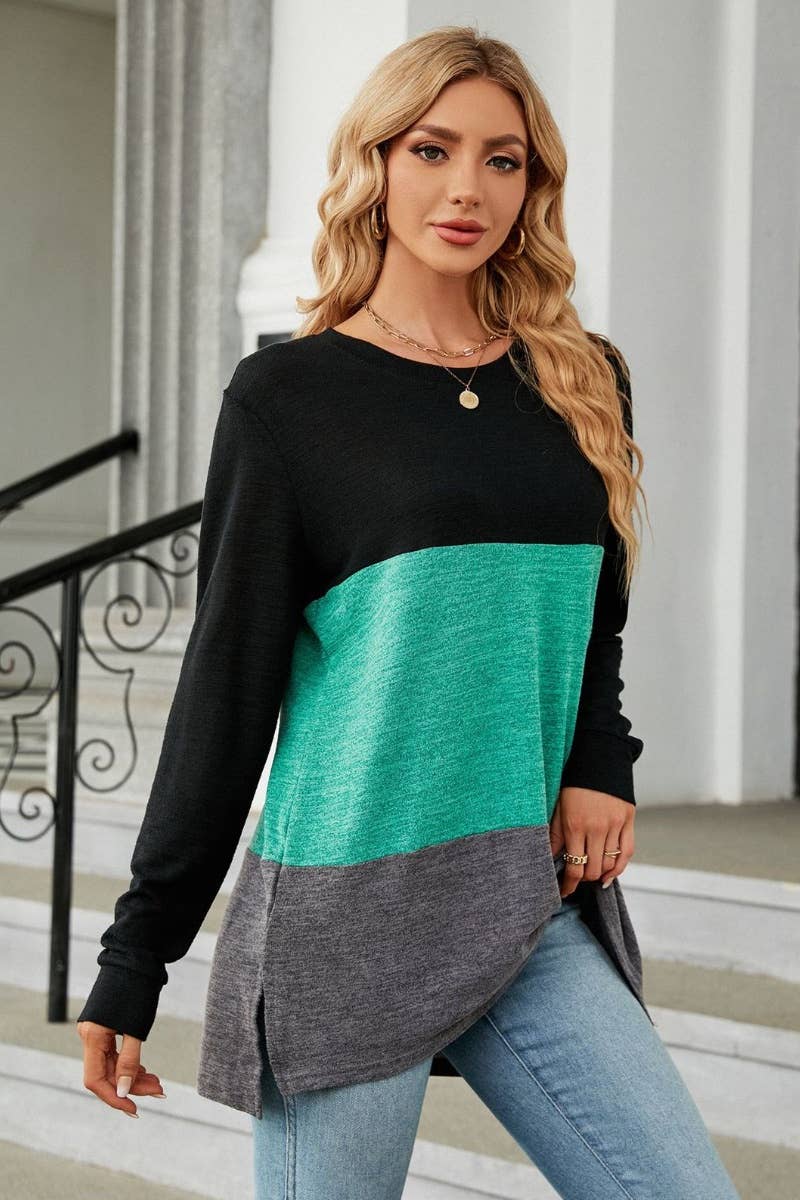 CWTBLL2818_CREW-NECK COLOR MATCHING LONG-SLEEVED TOP
