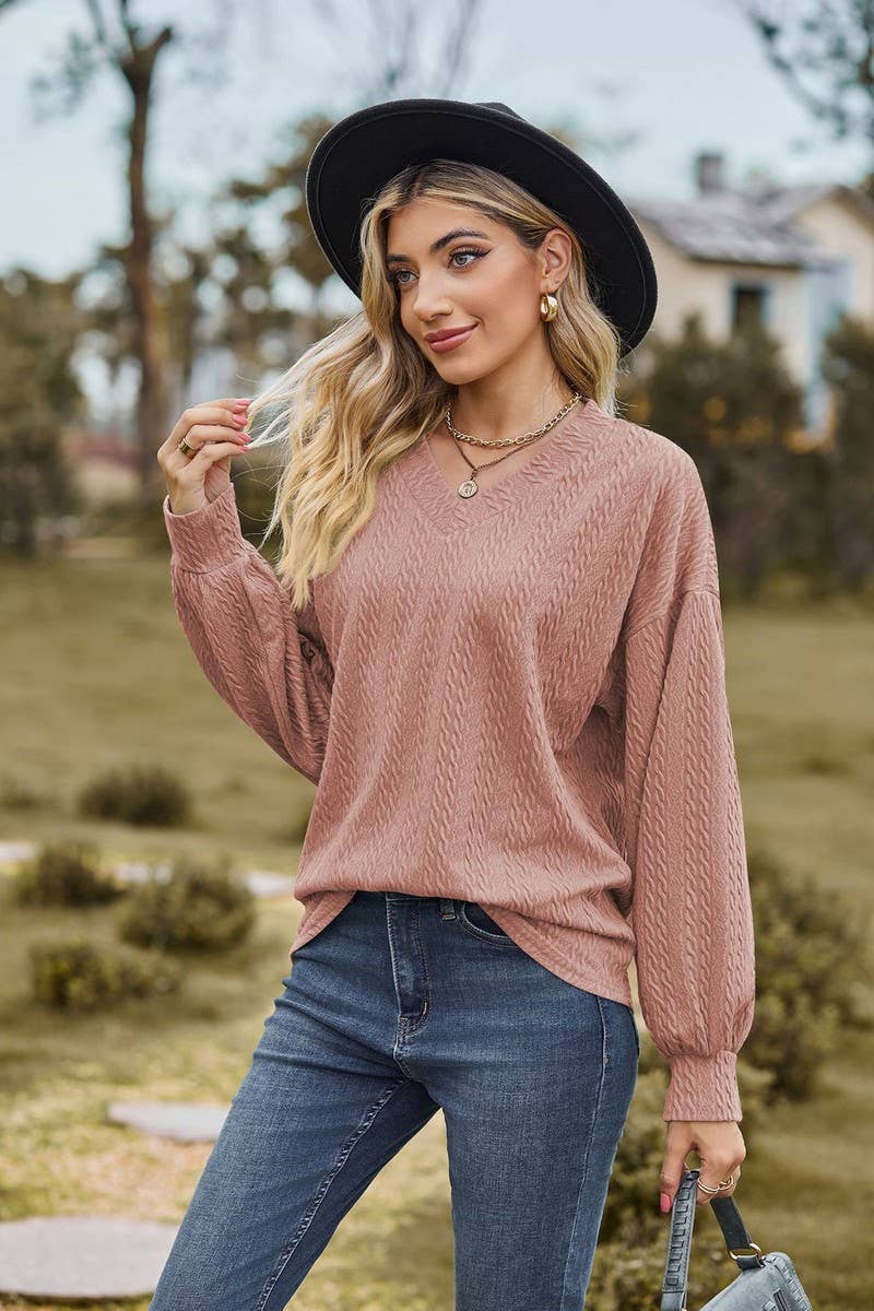 CWTBLL2410_SOLID COLOR V-NECK LOOSE LONG-SLEEVED T-SHIRT TOP