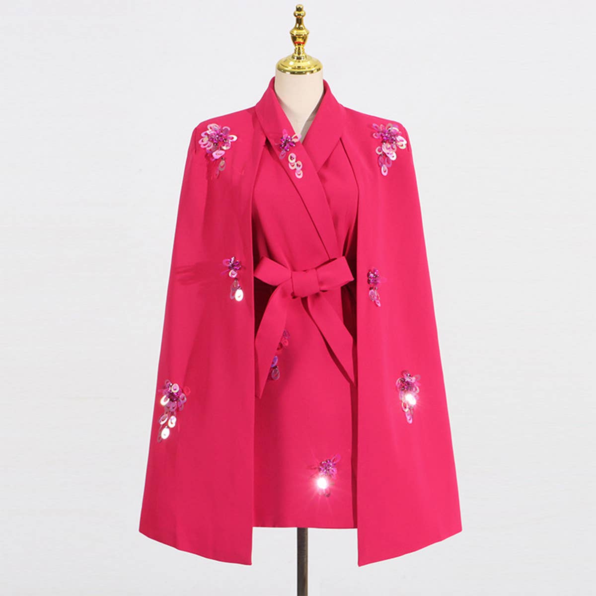 Chic Patchwork Cape Blazer with Waist Tie_CWOCO1253