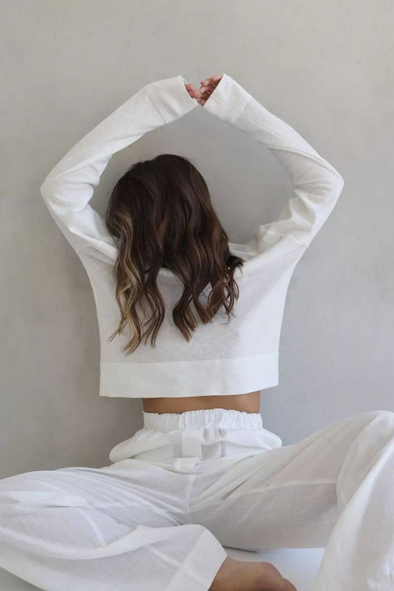 CWSPJ0366_KNITTED WHITE LONG-SLEEVED TROUSERS PAJAMA SET