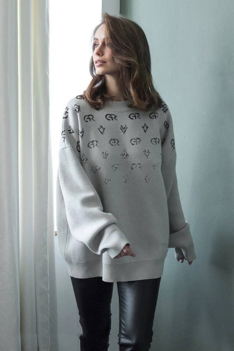 CWOSWL6798_GEOMETRIC LOOSE LONG-SLEEVED KNITTED SWEATER