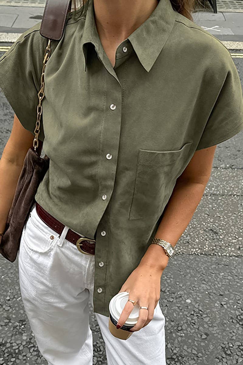 CWTBLS2356_RETRO GREEN LAPEL LOOSE SLEEVELESS SHIRT